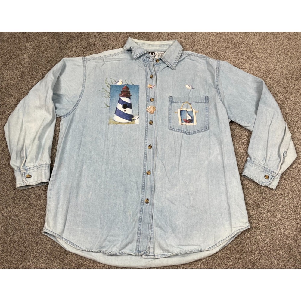 Vintage PTNY Shirt Womens Large Chambray Denim Button down Beach Lighthouse Sail